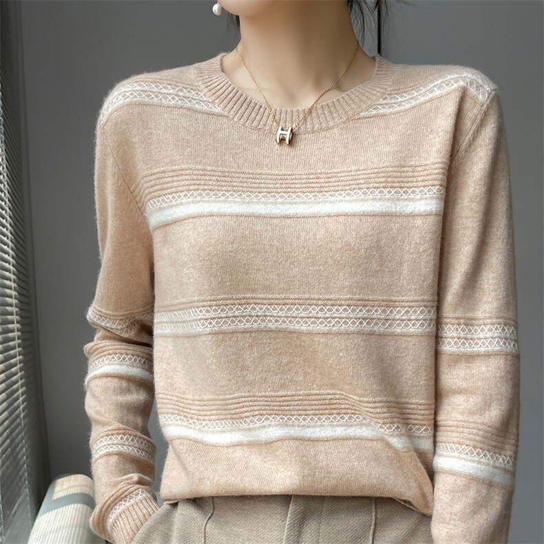 慵懒风设计感！条纹baby小山羊绒衫女圆领宽松毛衣拼色长袖针织衫，女装羊绒衫，更慕羊绒