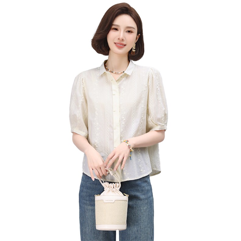 全棉衬衫女短袖夏季2025新款高级感轻奢减龄洋气小衫妈妈刺绣上衣,女装蕾丝衫/雪纺衫,多彩