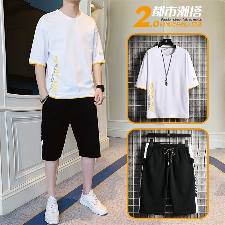 2021夏季新款男士纯棉短袖T恤短裤潮流衣服男装一套T8509-P50,男装休闲套装,星座217-4