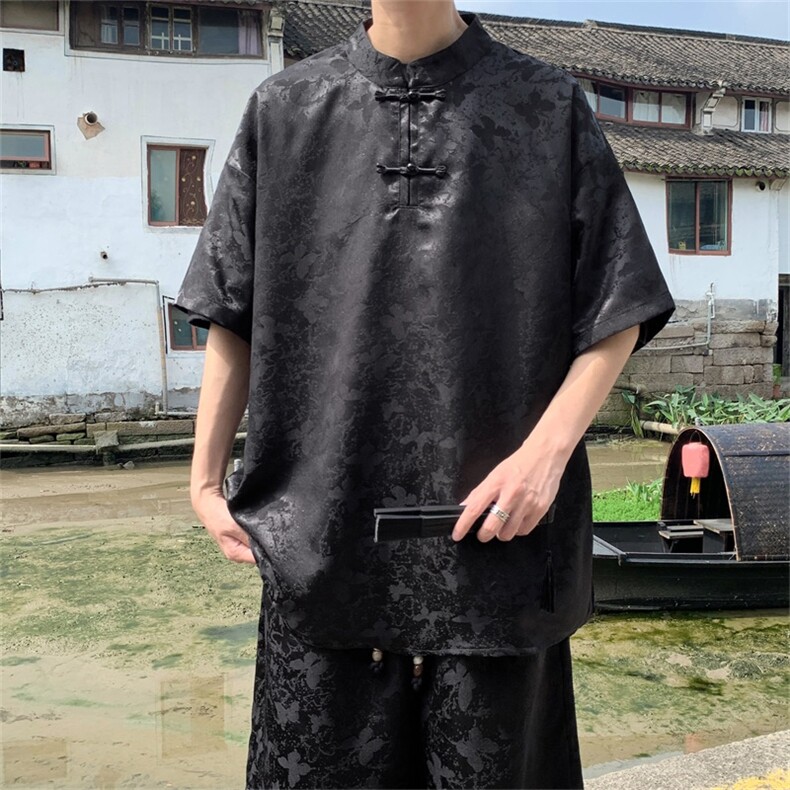 量大优供视频新风蝴蝶提花冰丝短袖短裤套装男TZ2405-特P60,男装休闲套装,电商A028