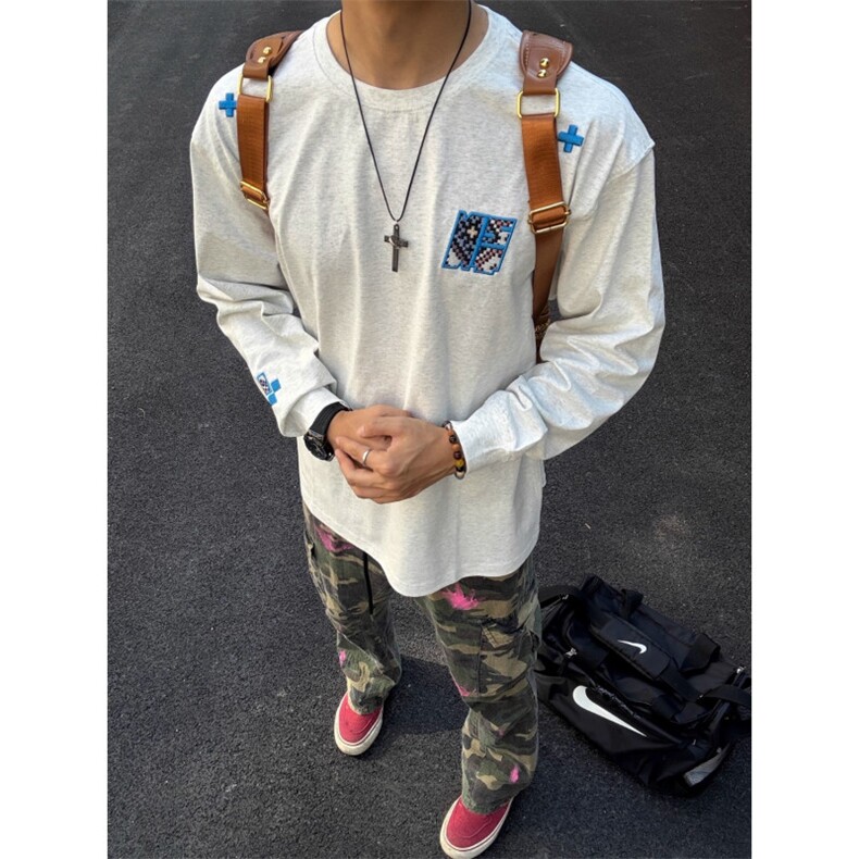 美式复古贴布刺绣长袖T恤男女秋季国潮宽松休闲刺绣情侣上衣，男装T恤，星座208-5