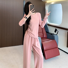 女秋季新款显瘦长袖上衣高腰阔腿裤两件套潮，女装套装/套裙，江南