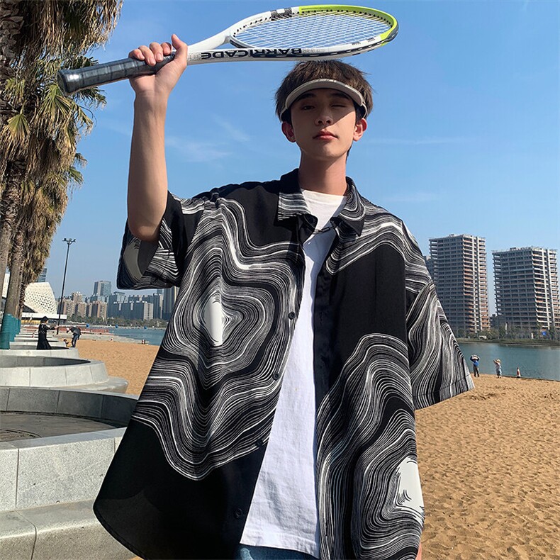 特批P20无差价2025夏垂感衬衣男短袖凉感冰丝潮宽松翻领衬衫C846,男装T恤,电商A001