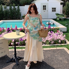 法式晕染碎花无袖吊带连衣裙套装女夏2025新款超仙森系甜美巨好看，女装套装/套裙，2C177