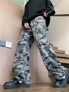 春季美式迷彩微喇牛仔裤潮 休闲做旧直筒高街工装裤伐木裤GJ39P45图片