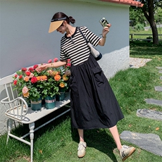 新款现货主推条纹拼接大口袋连衣裙9831-P125-K178，女装连衣裙，2C129