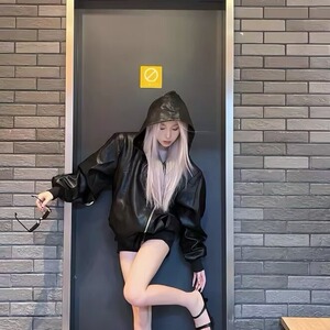 欧美嘻哈街头拉链解构连帽皮衣外套男小众潮牌高级感宽松PU皮夹克图片