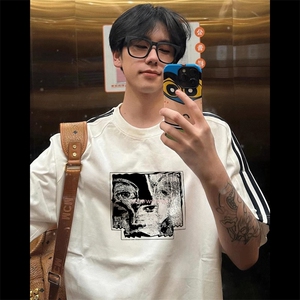 抖音得物高品质二开240克宽松纯棉美式潮牌三条杠织带短袖T恤图片
