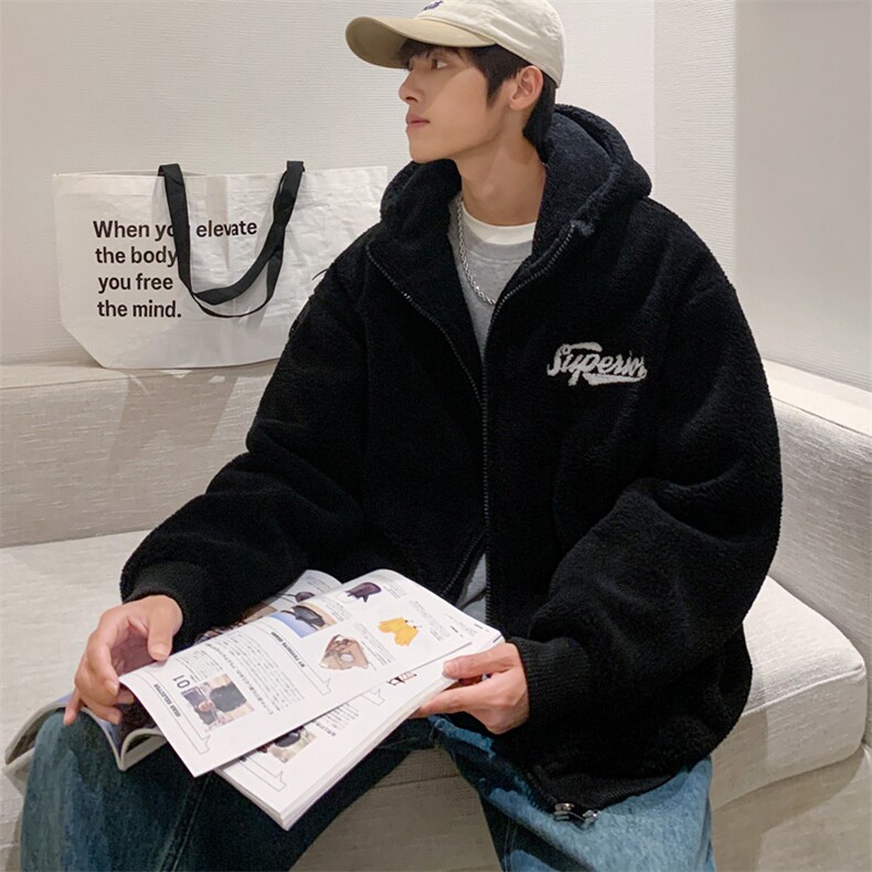 毛圈绣 冬款羊羔绒连帽开衫加大加厚棉服男XZ109-P105图片