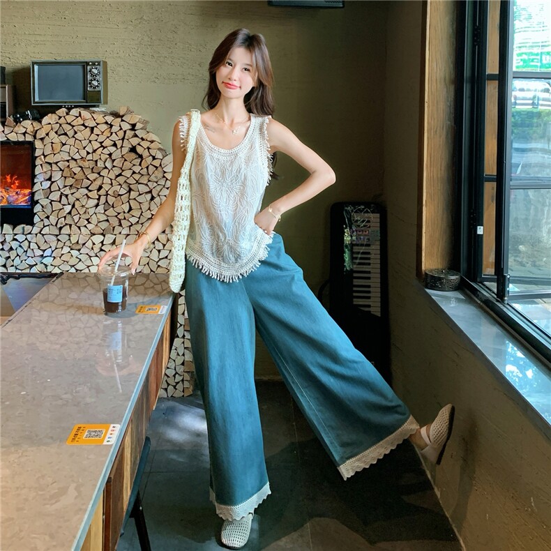 流苏边上衣蕾丝拼接牛仔阔腿裤两件套女夏季搭配长裤甜美无袖套装,女装套装/套裙,2C375