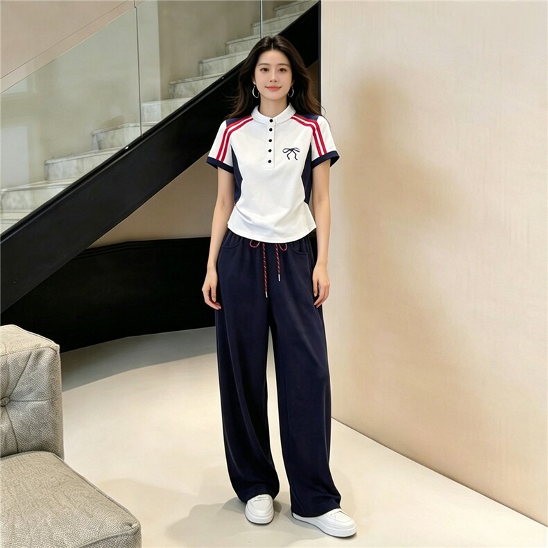 设计款时尚休闲套装女夏款简约百搭条纹拼接短袖上衣阔腿裤两件套,女装套装/套裙,江南