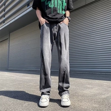 街头宽松黄泥牛仔裤男女做旧水洗撞色分割高街破洞直筒裤子潮，男装牛仔裤，四季星座218-1
