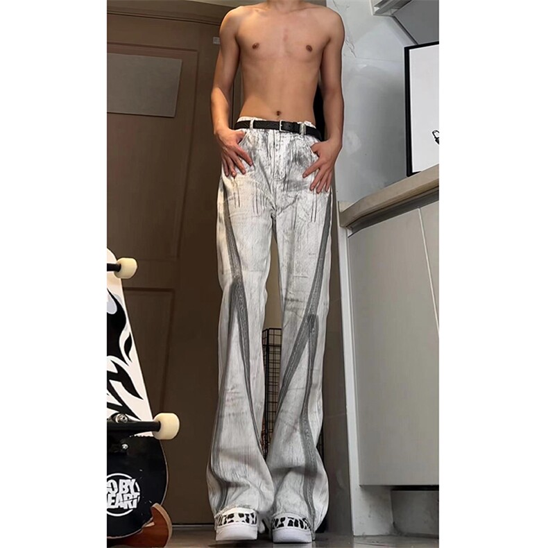 美式eodup高街hiphop小从涂鸦脏脏毛边喇叭牛仔裤货号K2409P65图片