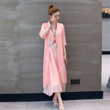 连衣裙长裙圆领宽松腰两件套2022年夏季五分袖A型潮流简约个性，女装连衣裙，韩宇舍