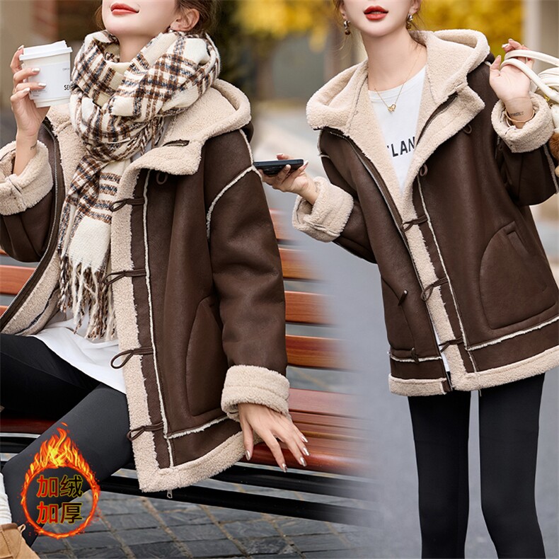 连帽羊羔毛外套女冬2024新款时尚休闲加绒加厚皮毛一体中长款棉服，女装羊羔毛/颗粒绒，跑量工厂店