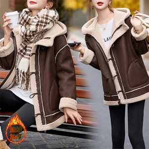 连帽羊羔毛外套女冬2024新款时尚休闲加绒加厚皮毛一体中长款棉服,女装羊羔毛/颗粒绒,跑量工厂店