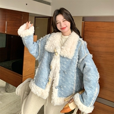 蓝色晕染设计感羊角口羊羔毛外套190-5077-P230K328，女装毛呢外套，2B190