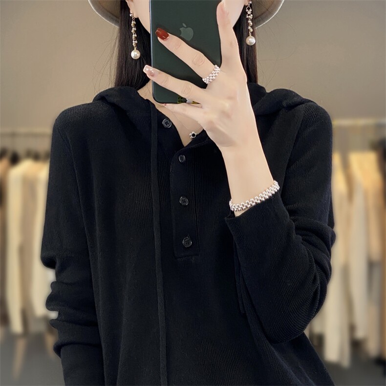 灰色连帽卫衣女春秋薄款带帽打底衫宽松慵懒帽衫短款上衣针织外套,针织衫/毛衣,雪真羊绒
