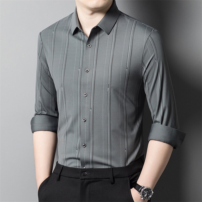 R-ZC618男士秋季新款长袖衬衣青年男式商务休闲锦氨无痕衬衫图片