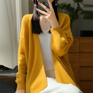 V领100%纯羊毛开衫女秋冬新款宽松慵懒风无扣羊绒衫针织外套毛衣图片