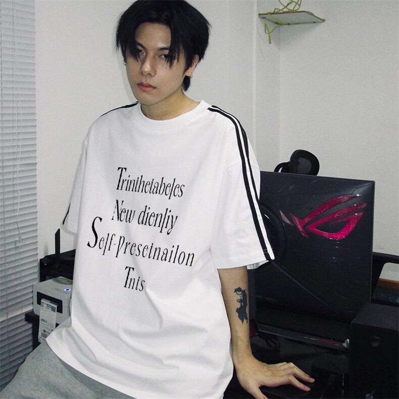 抖音得物高品质二开240克宽松纯棉美式潮牌三条杠织带短袖T恤，男装T恤，电商A486-1