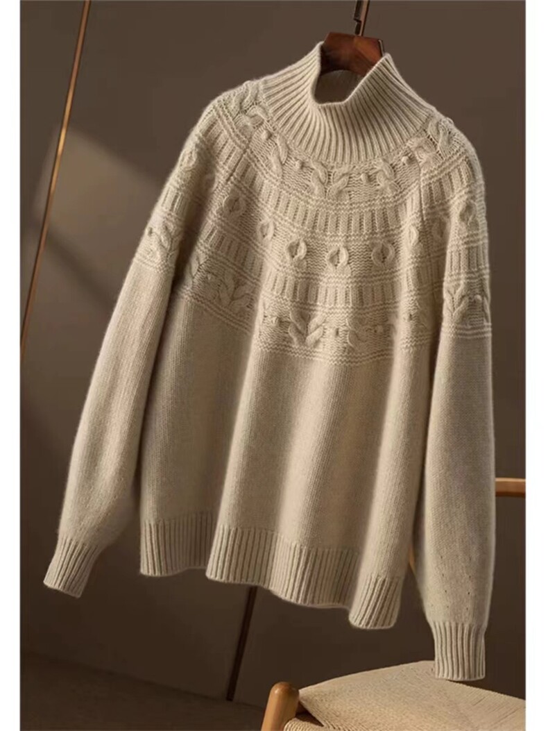 2024年秋冬纯毛357加厚扭花半高领保暖针织衫,女装羊毛衫,忠诺羊绒