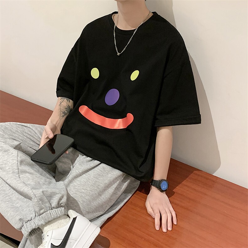2025新款港风圆领表情印花休闲宽松T恤衫上衣打底衫D201-DM95-P30,男装T恤,电商D321-1
