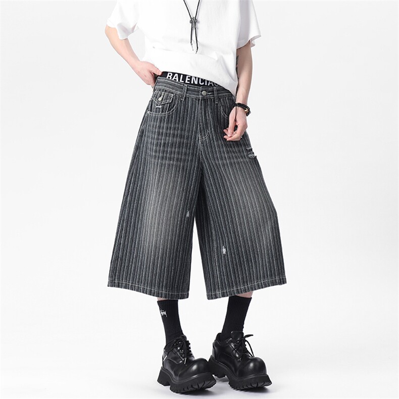 C315-Q7629微破洞风格店西服袋高品质钉扣条纹7分牛仔裤(P48X78)5,男装牛仔裤,电商C315