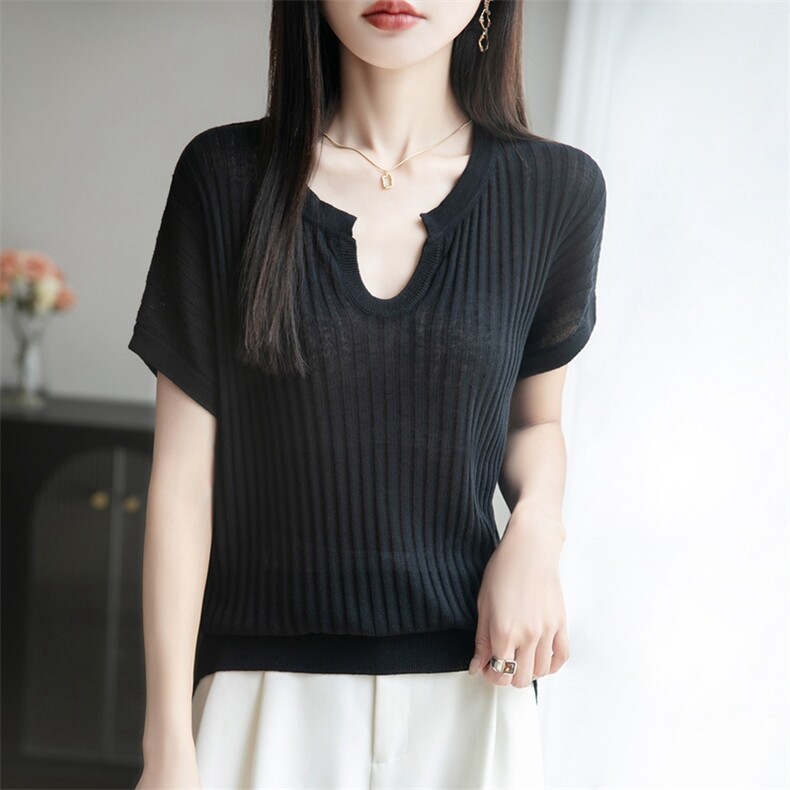 夏季款莱赛尔天丝针织短袖T恤女剪刀V领坑条上衣宽松半袖打底背心,针织衫/毛衣,暖烁特种纱工厂店