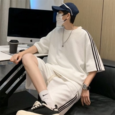 运动套装男韩版潮流条纹拼色2023夏季新款ins短裤两件套W4783-P41，男装休闲套装，星座412-2