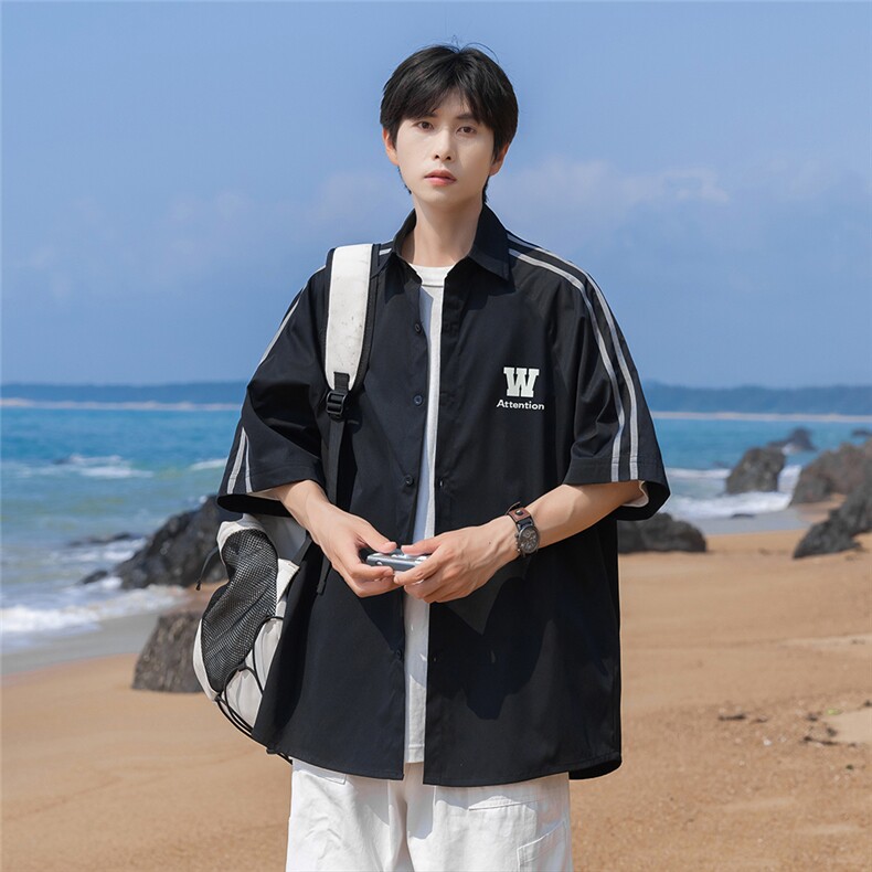 港风24夏季新款时尚宽松翻领织带拼色衬衫情侣潮S262特P35控58,男装衬衫,电商A247