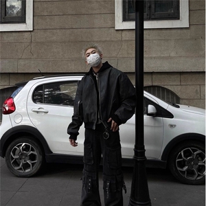 假两件拼色连帽PU皮夹克外套春季男装潮摇滚设计双层拉链机车皮衣图片