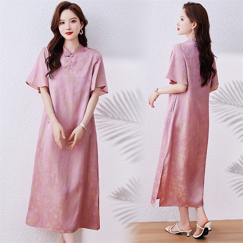 2025夏季新款新中式盘扣圆领真口袋连衣裙长款织锦缎提花开叉裙子，女装连衣裙，新依时派