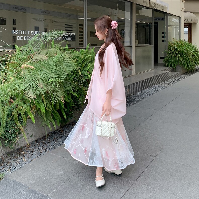 《现货26夏上新》重工蕾丝拼接刺绣吊带仙女裙天丝披肩防晒连件套,女装连衣裙,苗苗