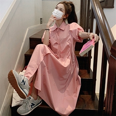 小众设计感泡泡袖粉色连衣裙女夏2025新款气质衬衫裙茶歇法式长裙，女装连衣裙，2D078