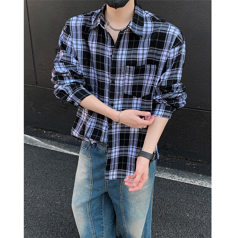 美式高街潮流格子衬衫潮牌宽松休闲上衣A086-CS2208-P35,男装衬衫,电商基地A086