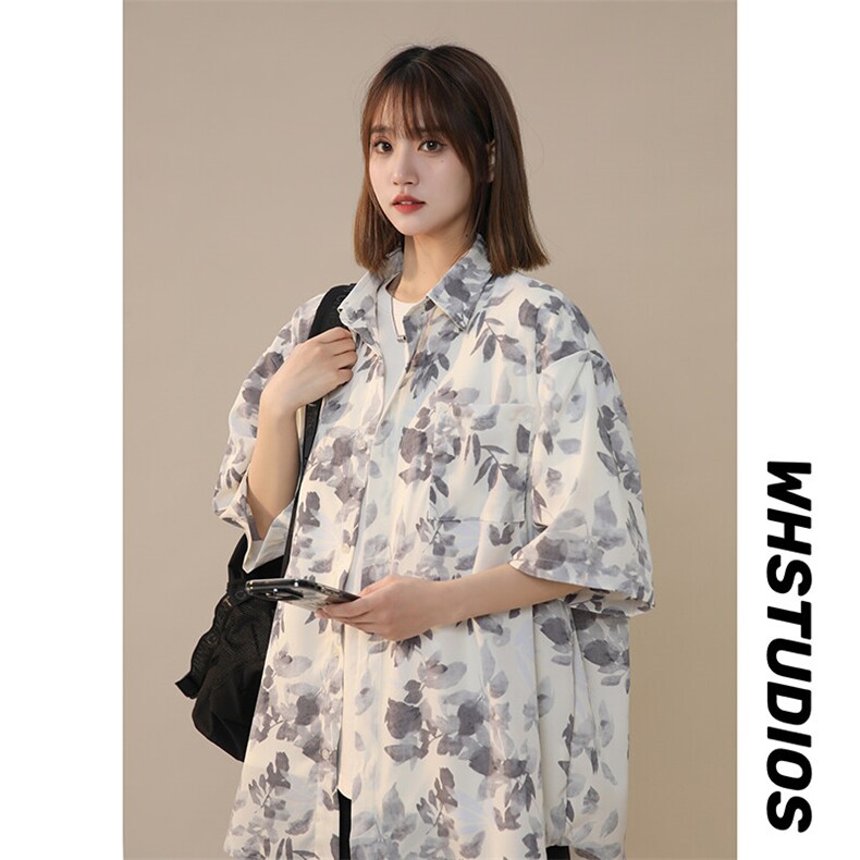 新款中性风风宽松旅游男女情侣短袖花衬衫225-2-CS803-P38，女装衬衫，星座225-2