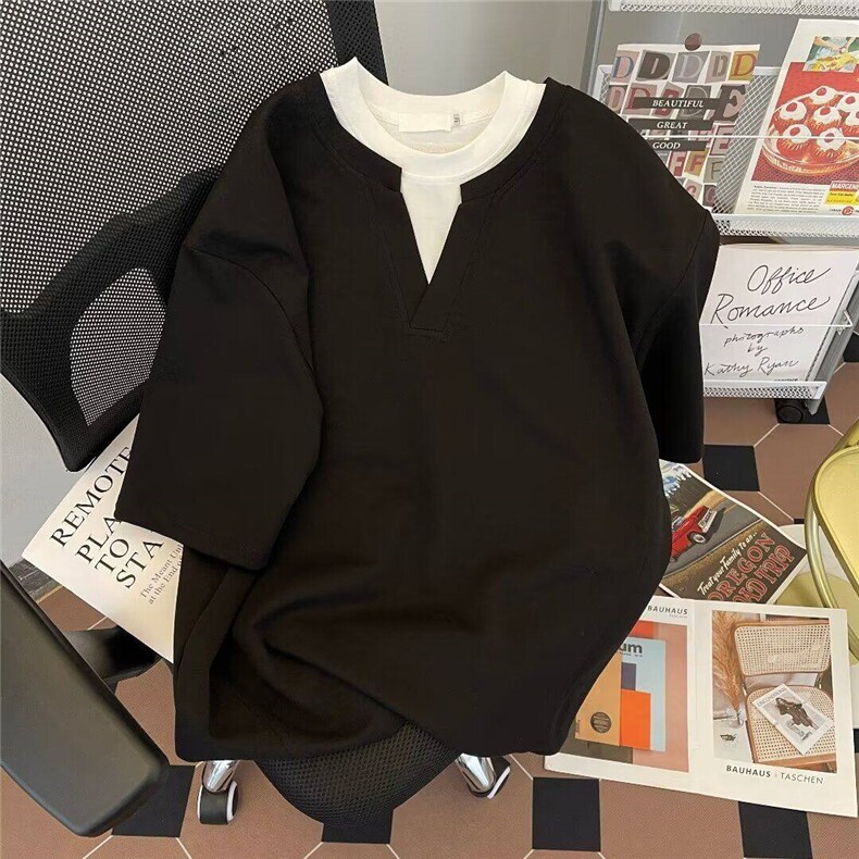 抖音得物高品质版本二开240克宽松纯棉美式高街痞帅假两件短袖T恤,男装T恤,电商A486-1