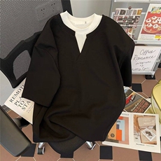 抖音得物高品质版本二开240克宽松纯棉美式高街痞帅假两件短袖T恤，男装T恤，电商A486-1
