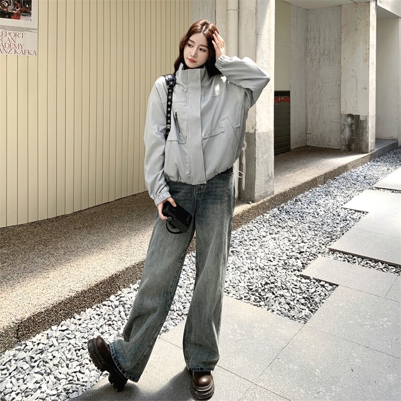 设计感立领皮衣外套女2025秋季新款复古宽松百搭小个子工装夹克潮,女装皮衣,2C056