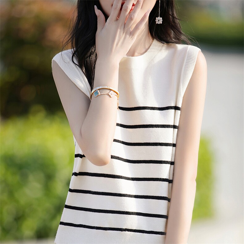 经典黑白条纹圆领无袖吊带背心女夏冰丝外穿内搭打底T恤百搭上衣，女装背心吊带，斯美雅安迪绒