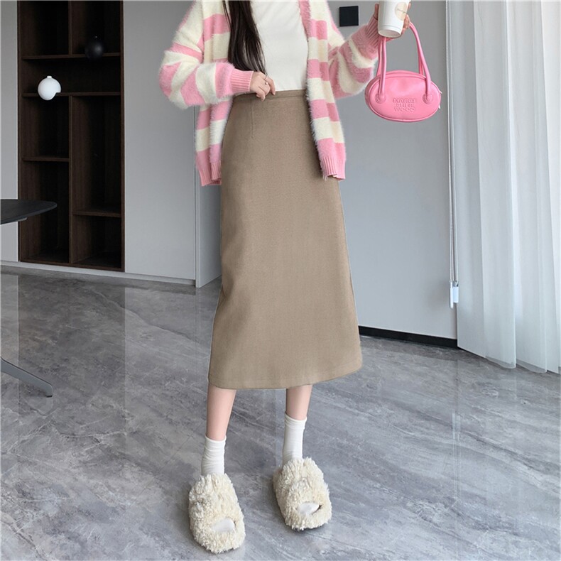 毛呢a字裙半身裙女2023新款高腰显瘦半裙秋冬中长款包臀裙子,女装半身裙,梦白服饰厂