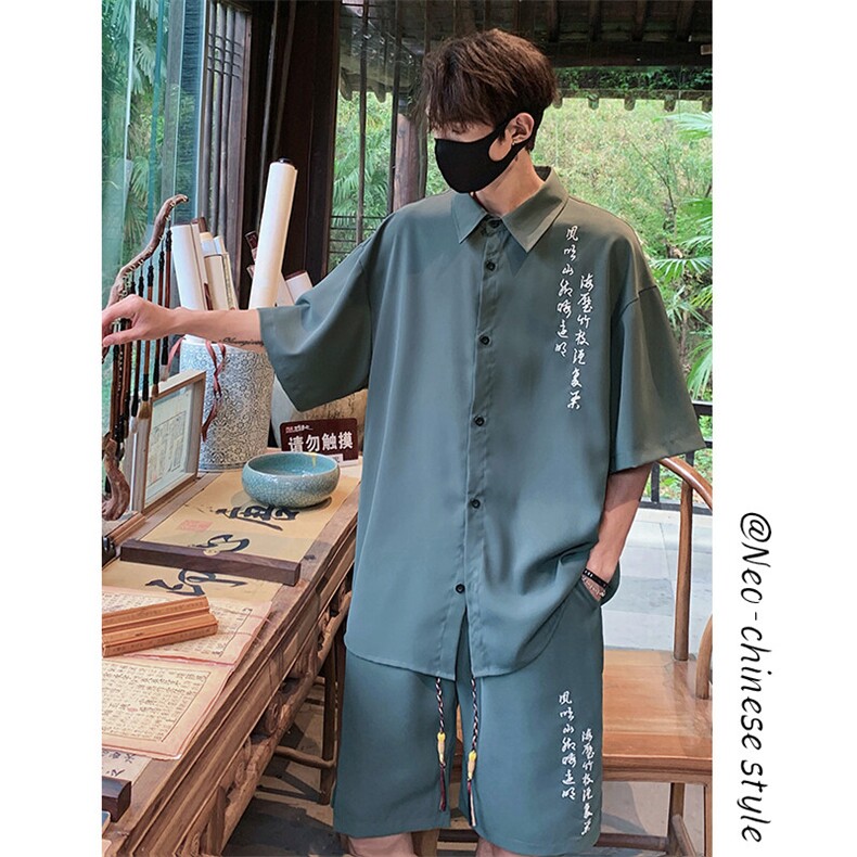 特批P56无差价夏季新中式冰丝文字刺绣五分套装男CD2278+DK2178，男装休闲套装，电商A001-1