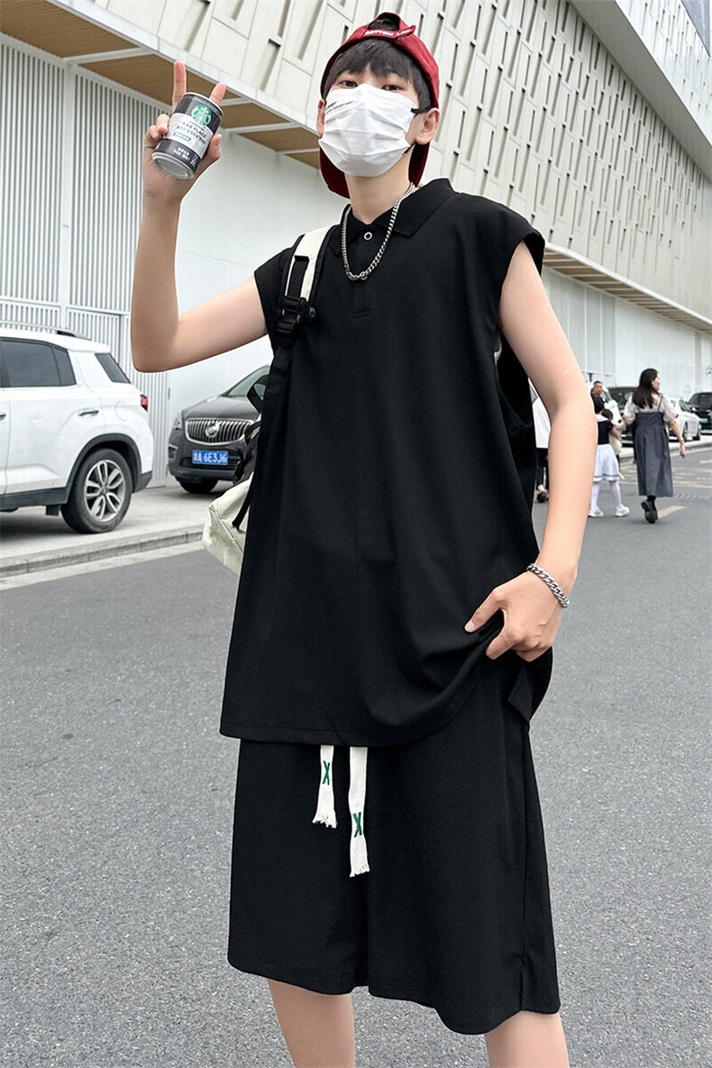 夏季新款大码港风情侣无袖五分裤两件套休闲套装男S04P55,男装休闲套装,电商B226-2（原B217-2）