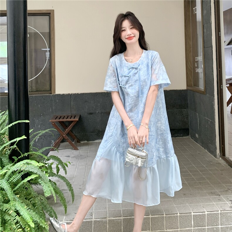 新中式国风提花圆领连衣裙女2025夏季新款小个子宽松气质拼接长裙,女装连衣裙,2C307