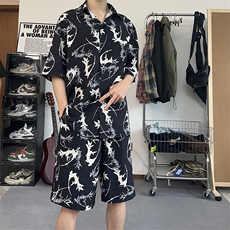 港风泼墨印花休闲套装夏季学生宽松休闲短袖短裤两件套TZ103-P43，男装休闲套装，电商A178