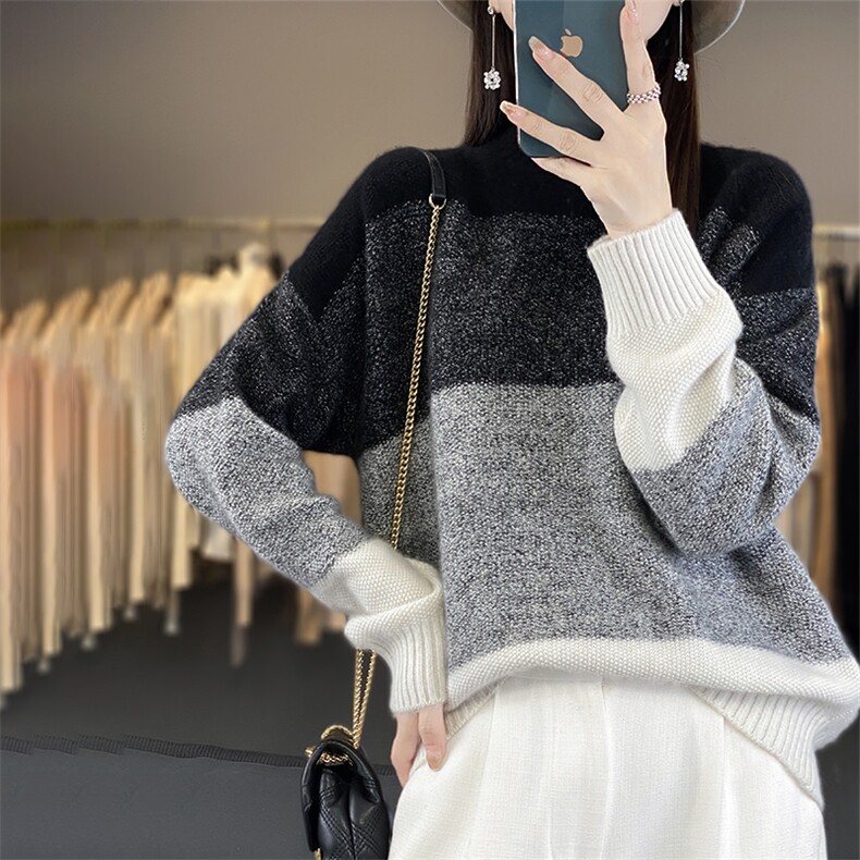 2024年秋季常规款时尚潮流半高领花纱拼色套头羊毛衫,女装羊毛衫,丽特绒