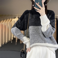 2024年秋季常规款时尚潮流半高领花纱拼色套头羊毛衫，女装羊毛衫，丽特绒