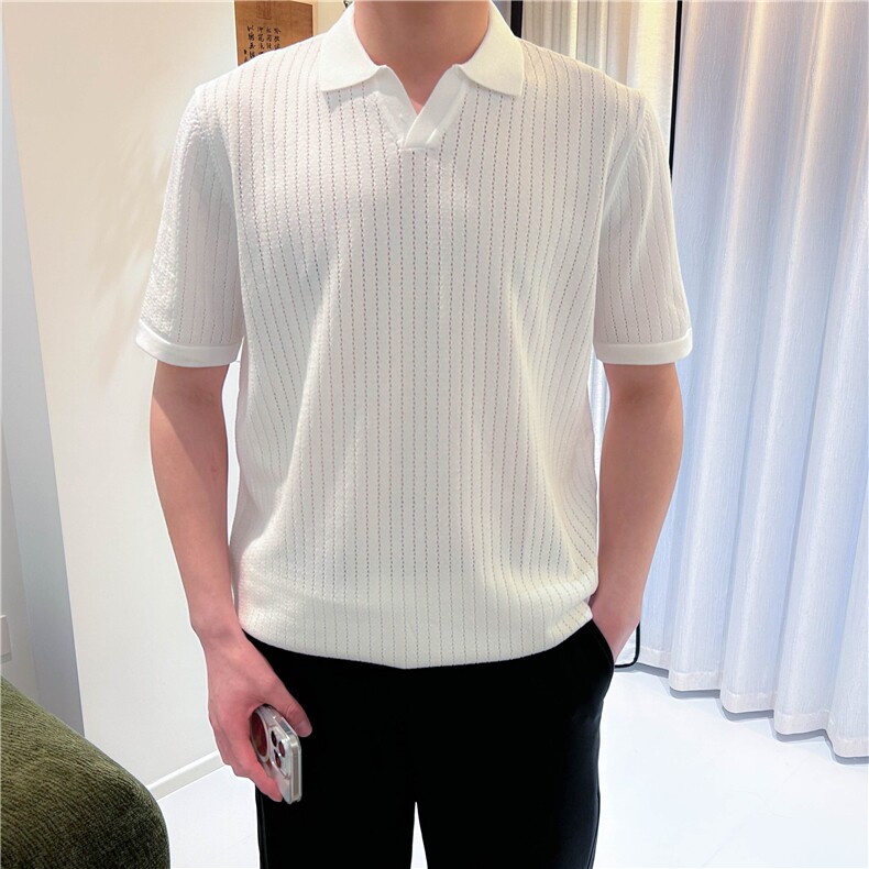 春夏冰丝短袖polo衫V领透气镂空款T恤针织衫B3005-P55，男装T恤，星座1012-1