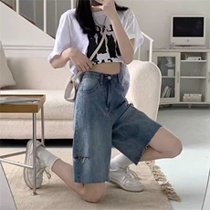 破洞牛仔短裤男女ins潮五分裤直筒港味高腰显瘦阔腿中裤CK103，男装牛仔裤，星座601-2